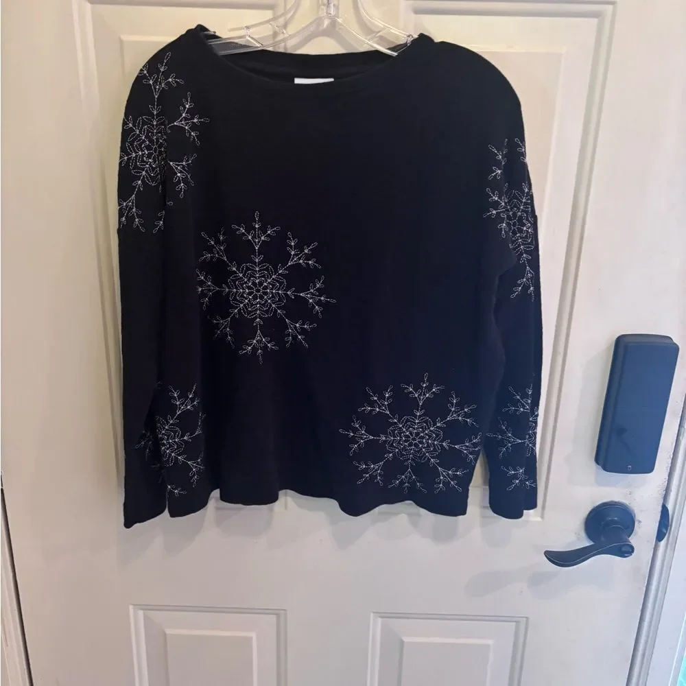 J. Jill Black Knit Sweater with Silver Snowflake Motifs